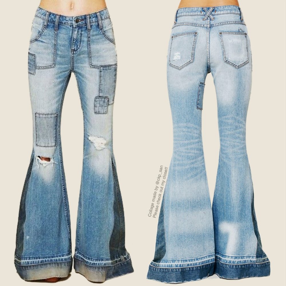 Free People Light Blue Patchwork Flare Jeans - Picture 2 of 16